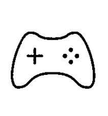 Schwarz-weißer Umriss eines Videospiel-Controllers mit Richtungskreuz links und vier Tasten rechts.